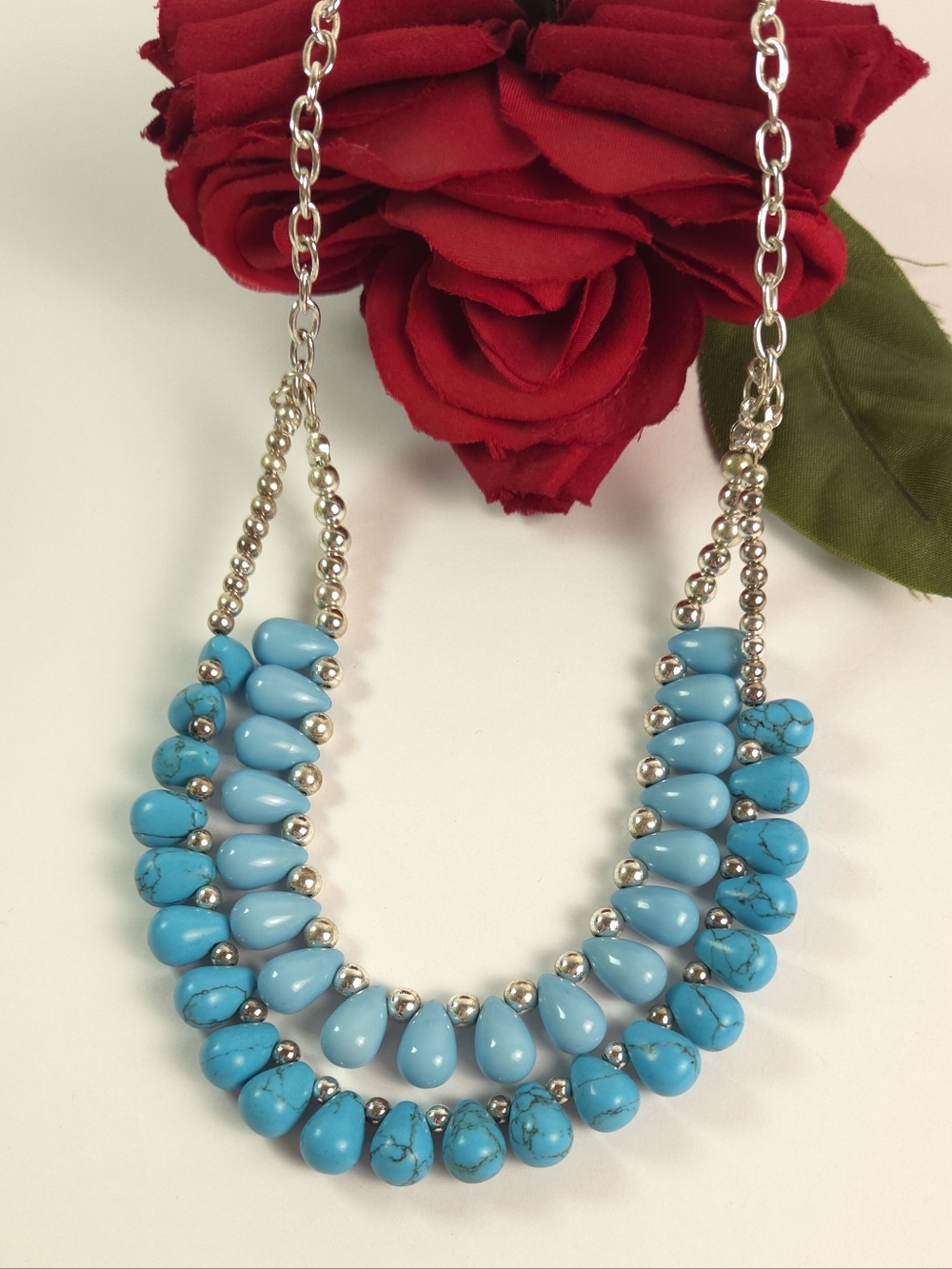 Vintage Chaps Turquoise Stone Teardrop Double Strand Necklace
